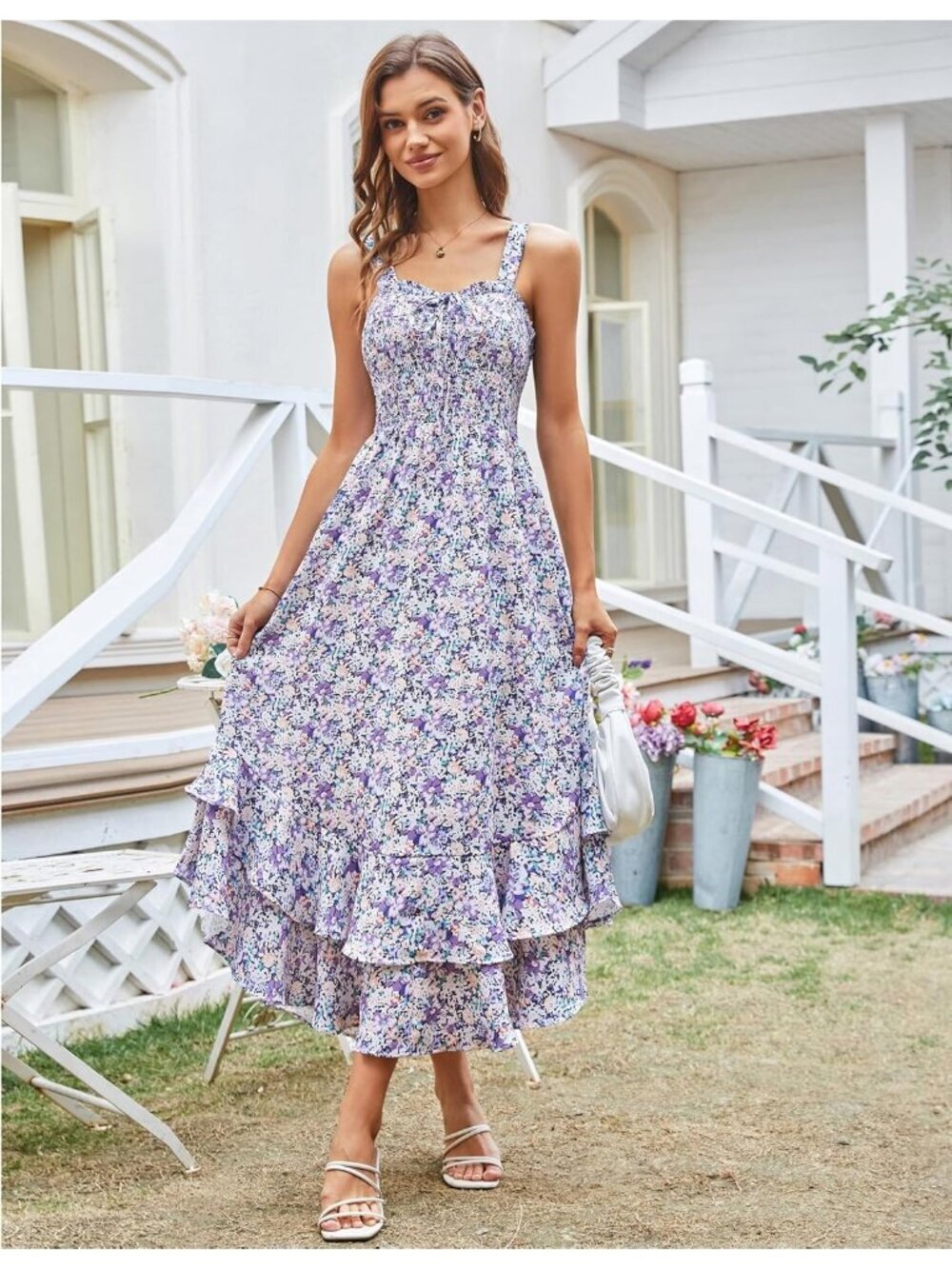 Women's Summer Floral Boho Dress Purple Floral Square Neck Strapped Swing A Line - Picture 3 of 5